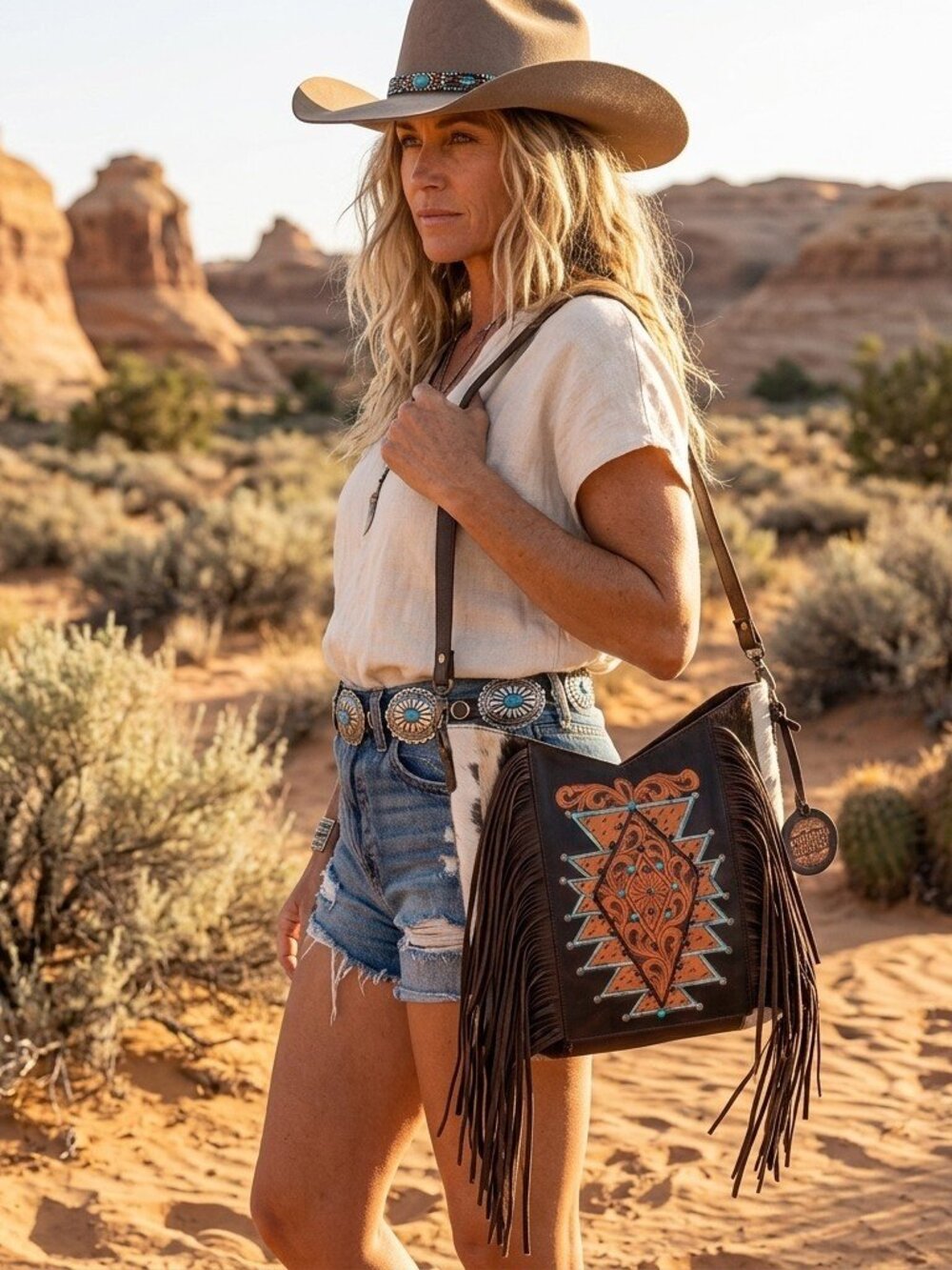 American Darling Desert Star Boho Fringe Statement Crossbody Bag